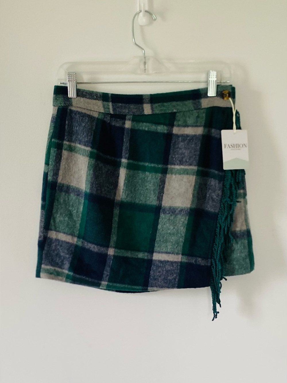 NWT Tanming Plaid Fringe Faux Wool Wrap Mini Skirt Preppy Academia Fall Y2K M